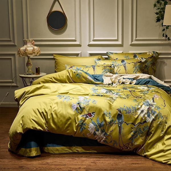 Conjunto de Roupas de Cama Pássaros Japoneses em Algodão Egípcio 600 Fios - 4 Peças